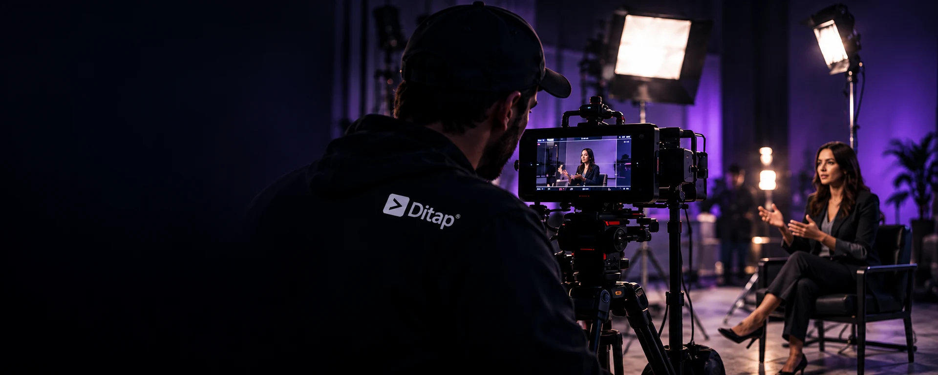 Conceptual scene of an interview in a studio, featuring violet lighting and a DITAP camera operator.