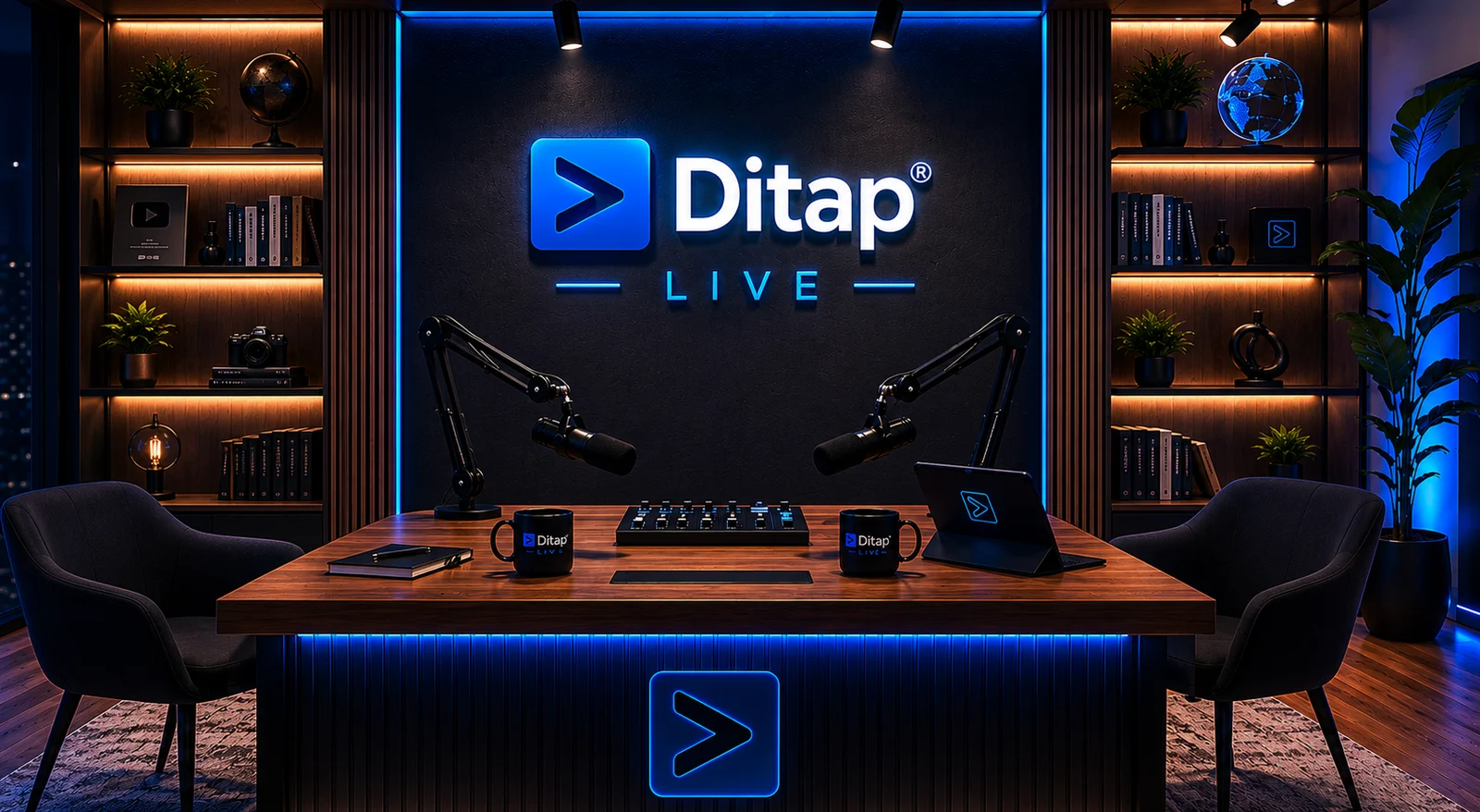Concepto visual del estudio DITAP Live con mesa, dos micrófonos e iluminación azul